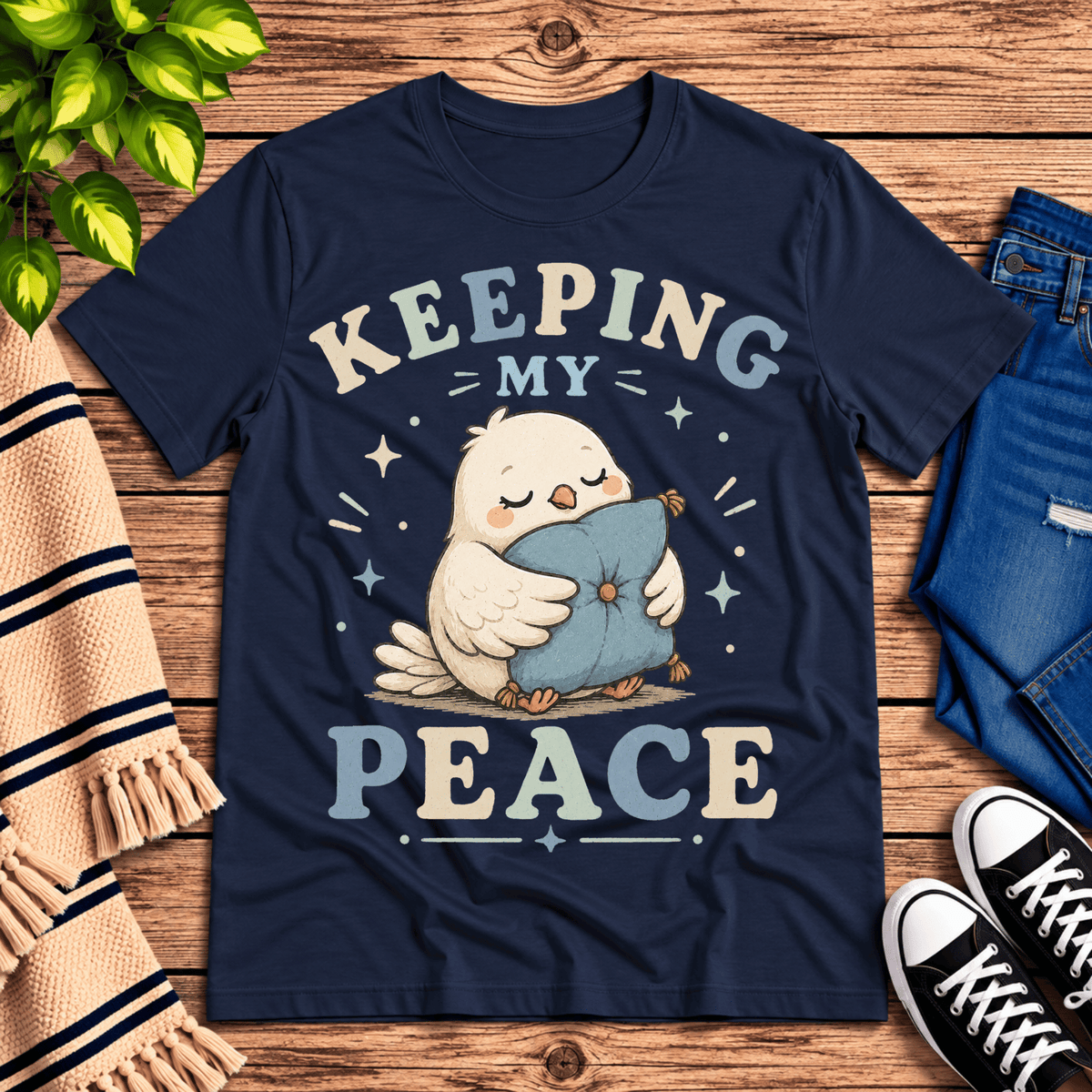 Keeping My Peace cute animal graphic t-shirt cozy flat lay in navy.