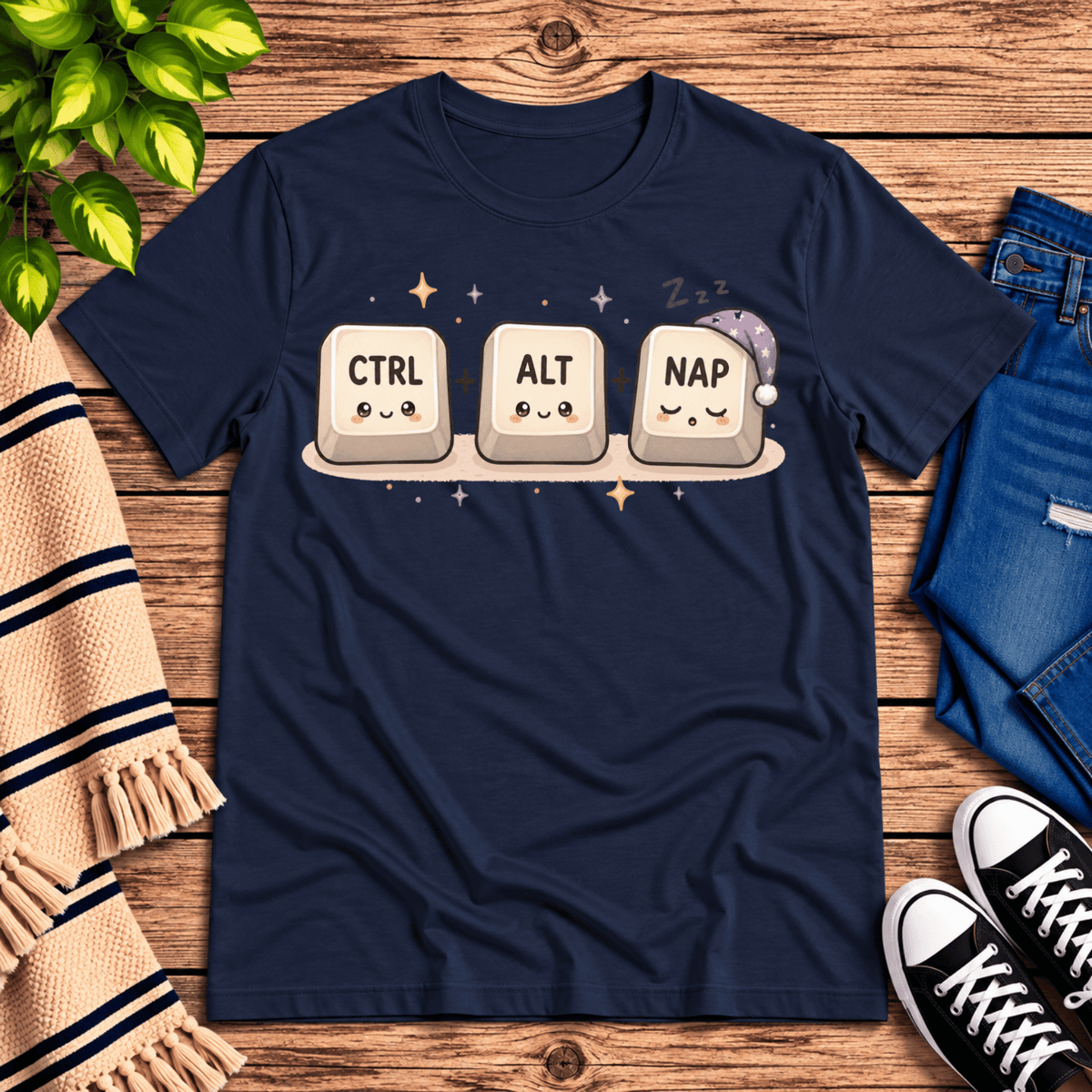 CTRL + ALT + NAP funny introvert graphic t-shirt cozy flat lay in navy.