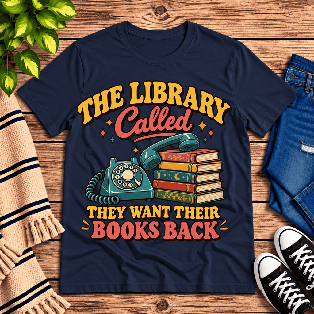 The Library Called book lovers graphic t-shirt cozy flat lay in navy.