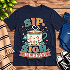 Sip. Sigh. Repeat. coffee graphic t-shirt cozy flat lay in navy.