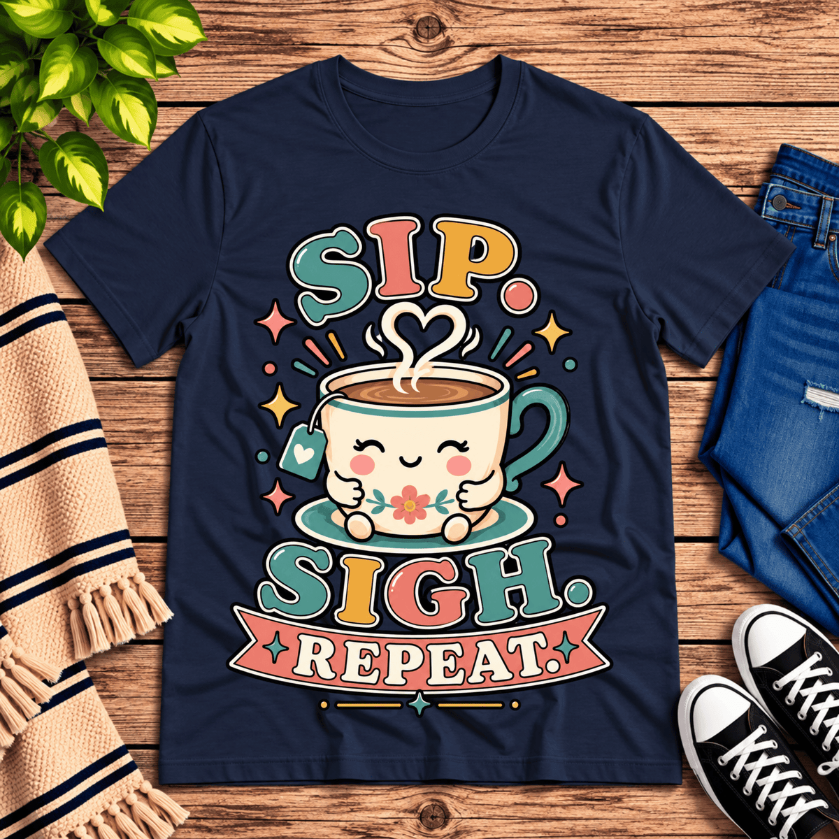 Sip. Sigh. Repeat. coffee graphic t-shirt cozy flat lay in navy.
