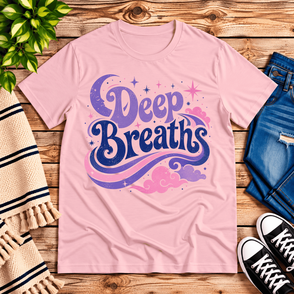 Deep Breaths inspirational introvert graphic t-shirt cozy flat lay in pink.