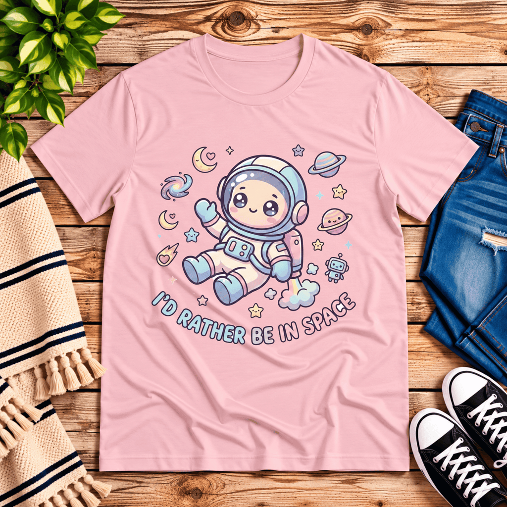 Floating In Space funny introvert graphic t-shirt cozy flat lay in pink.