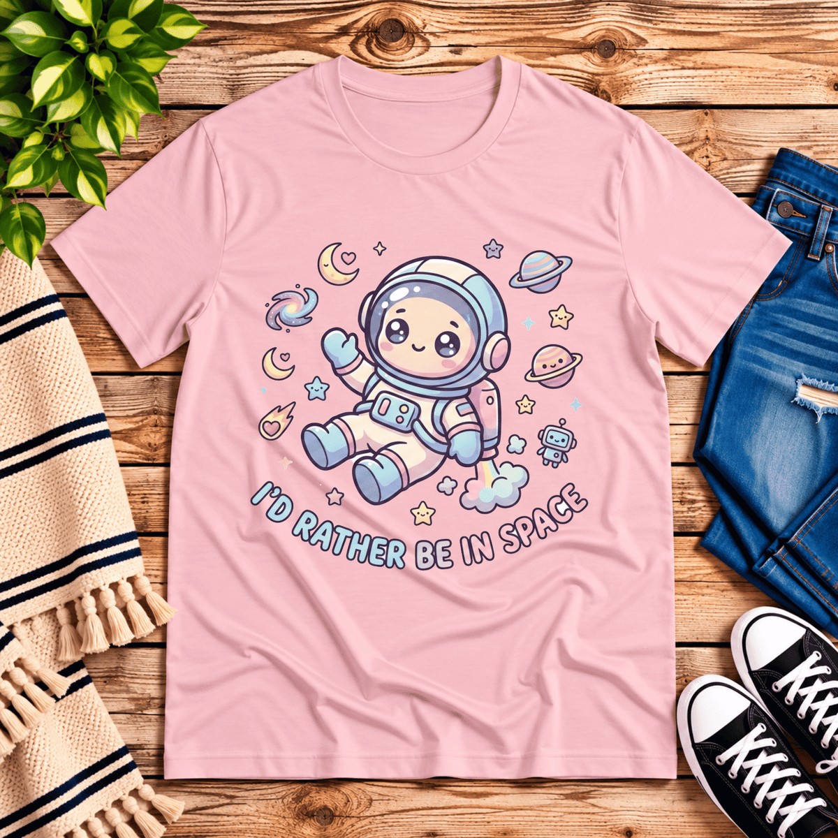 Floating In Space funny introvert graphic t-shirt cozy flat lay in pink.