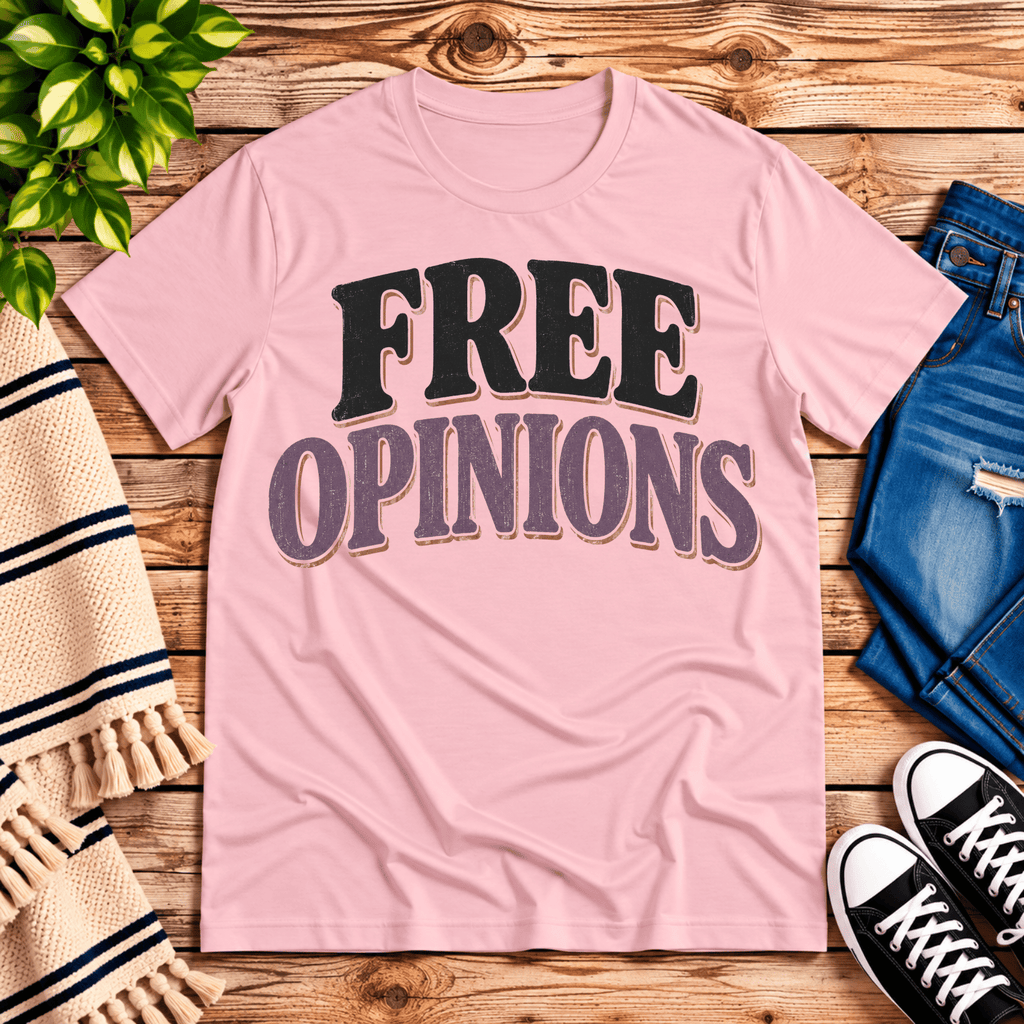 Free Opinions funny introvert graphic t-shirt cozy flat lay in pink.