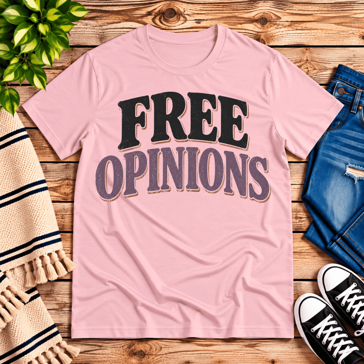Free Opinions funny introvert graphic t-shirt cozy flat lay in pink.