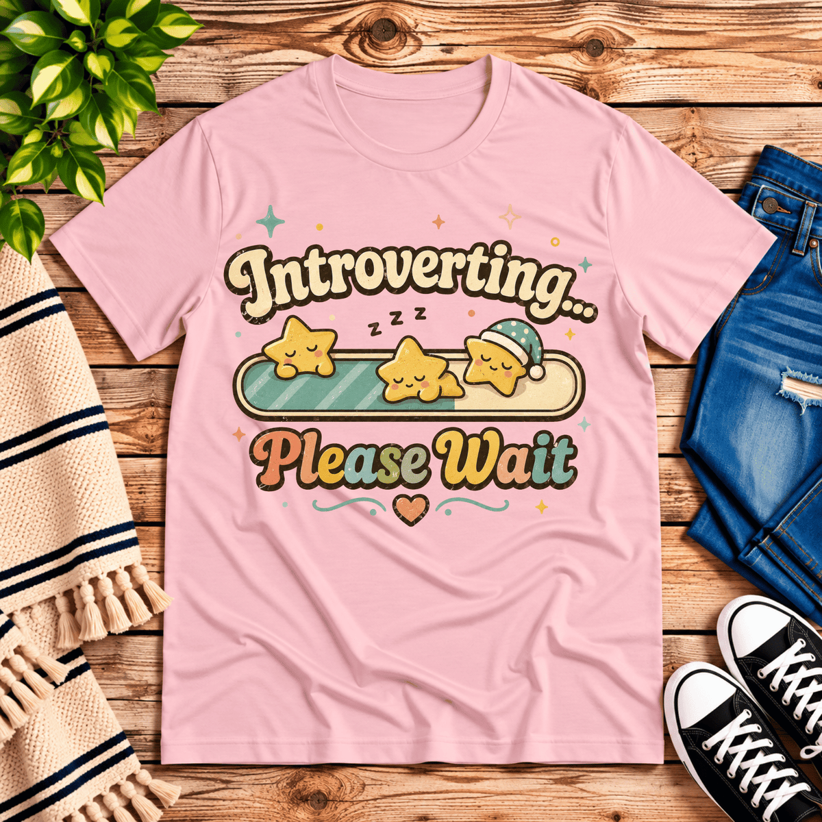 Introverting... Please wait cute kawaii  graphic t-shirt cozy flat lay in pink.