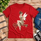 Key Fairy pinup graphic t-shirt cozy flat lay in red.