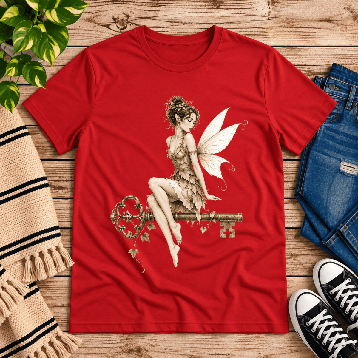 Key Fairy pinup graphic t-shirt cozy flat lay in red.