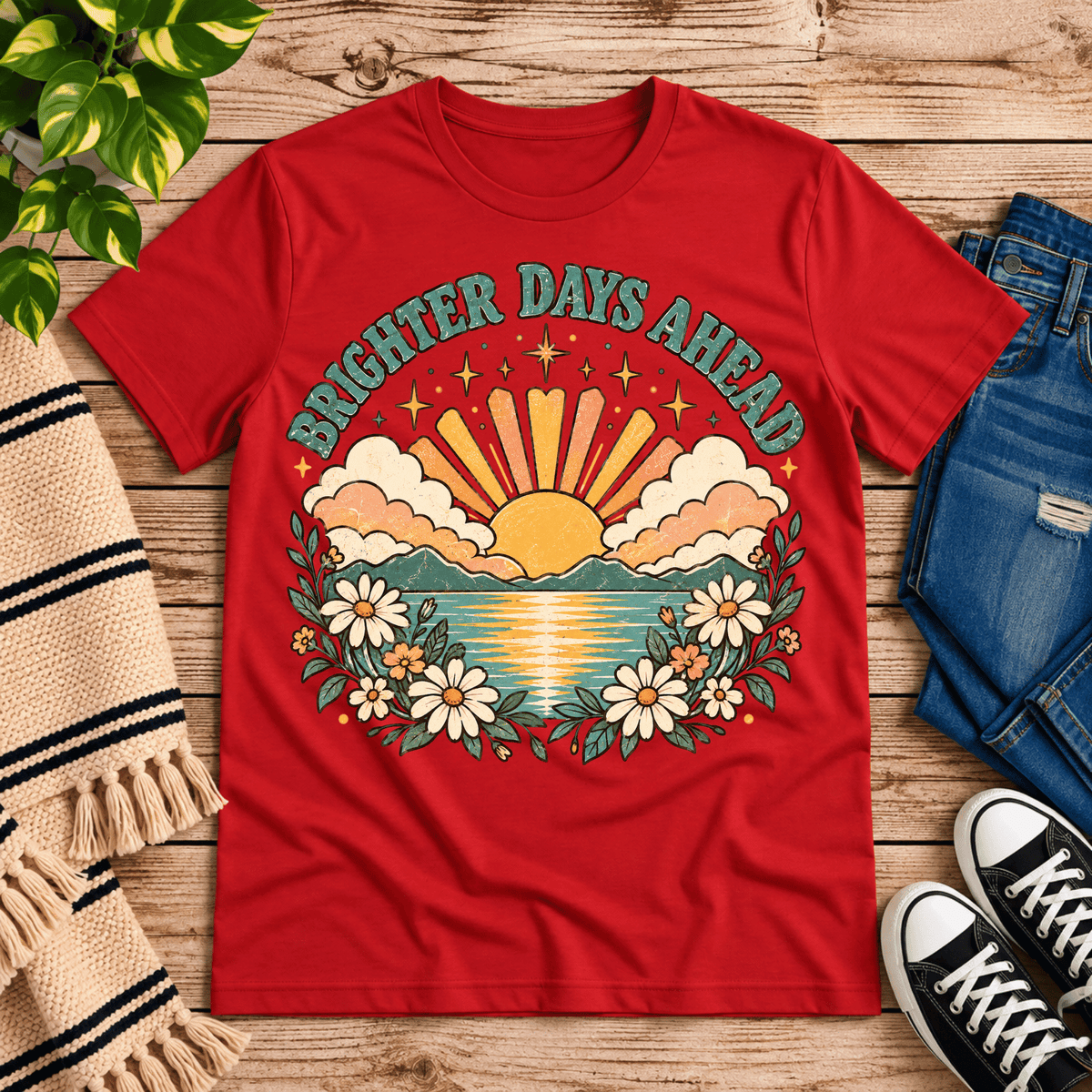 Brighter Days Ahead inspirational introvert graphic t-shirt cozy flat lay in red.