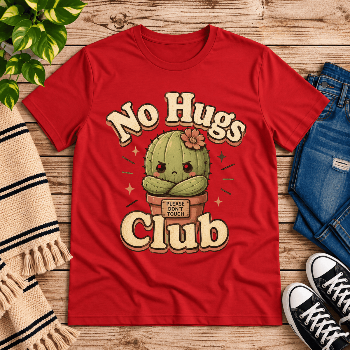 No Hugs Club funny cactus graphic t-shirt cozy flat lay in red.