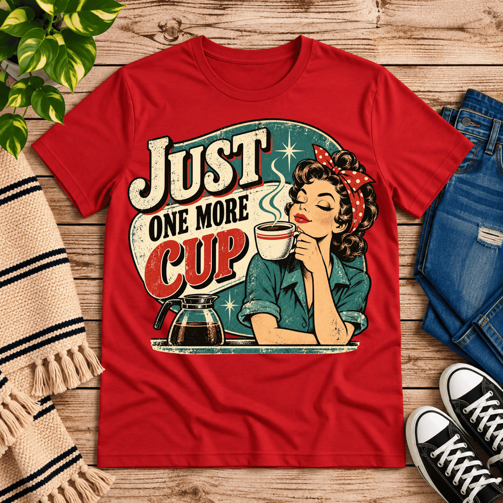 Just One More retro coffee graphic t-shirt cozy flat lay in red.