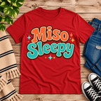 Miso Sleepy funny food graphic t-shirt cozy flat lay in red.