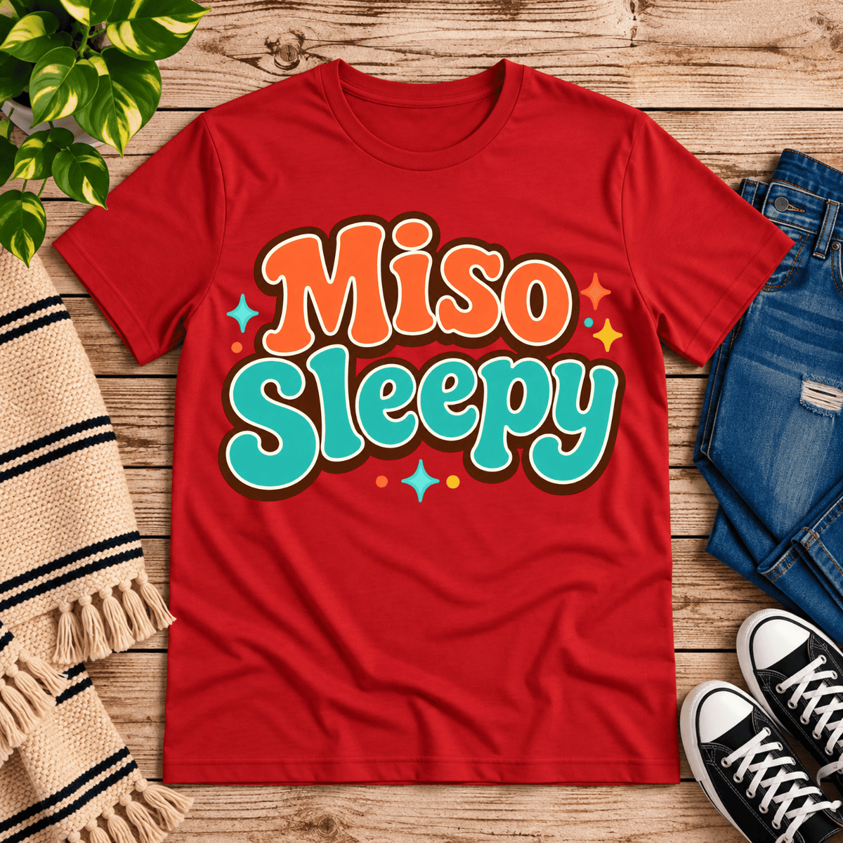 Miso Sleepy funny food graphic t-shirt cozy flat lay in red.