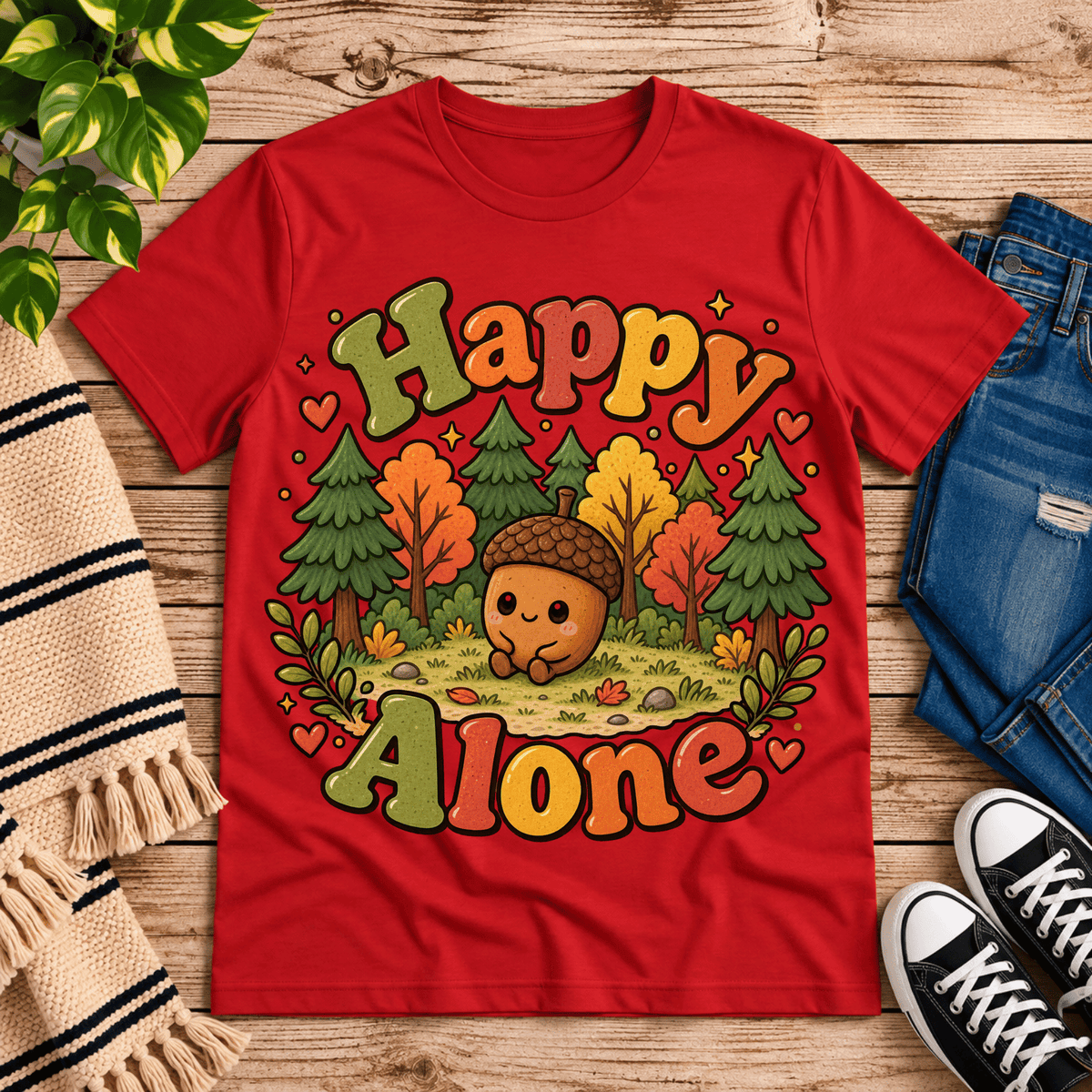 Happy Alone cute nature graphic t-shirt cozy flat lay in red.