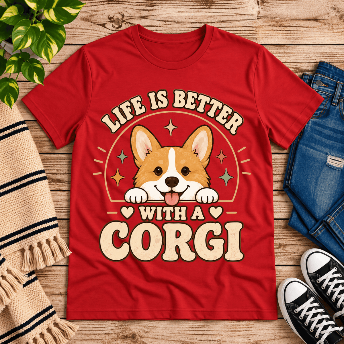 Life Is Better cute animal graphic t-shirt cozy flat lay in red.