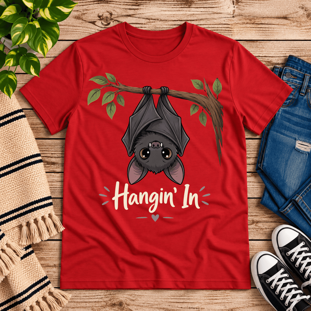 Hangin' In cute introvert graphic t-shirt cozy flat lay in red.