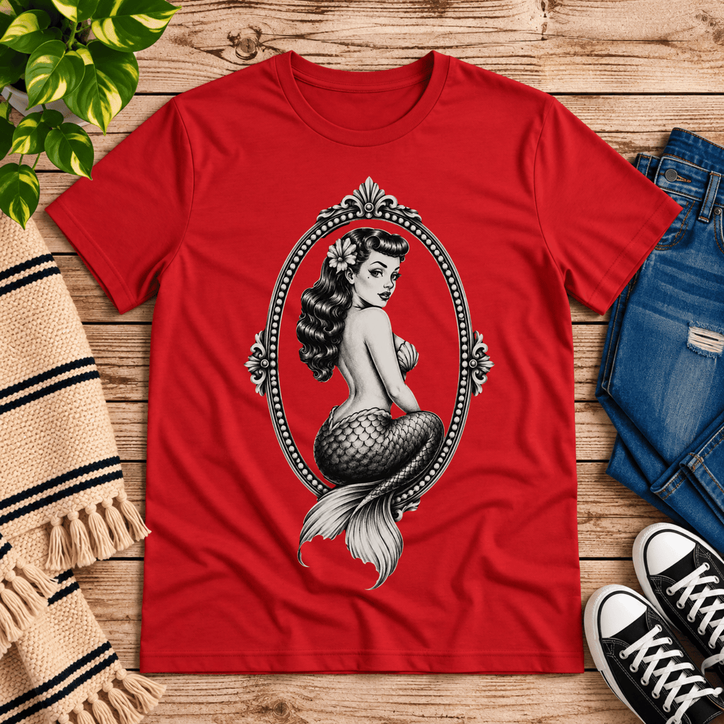 Mermaid Cameo vintage pinup graphic t-shirt cozy flat lay in red.