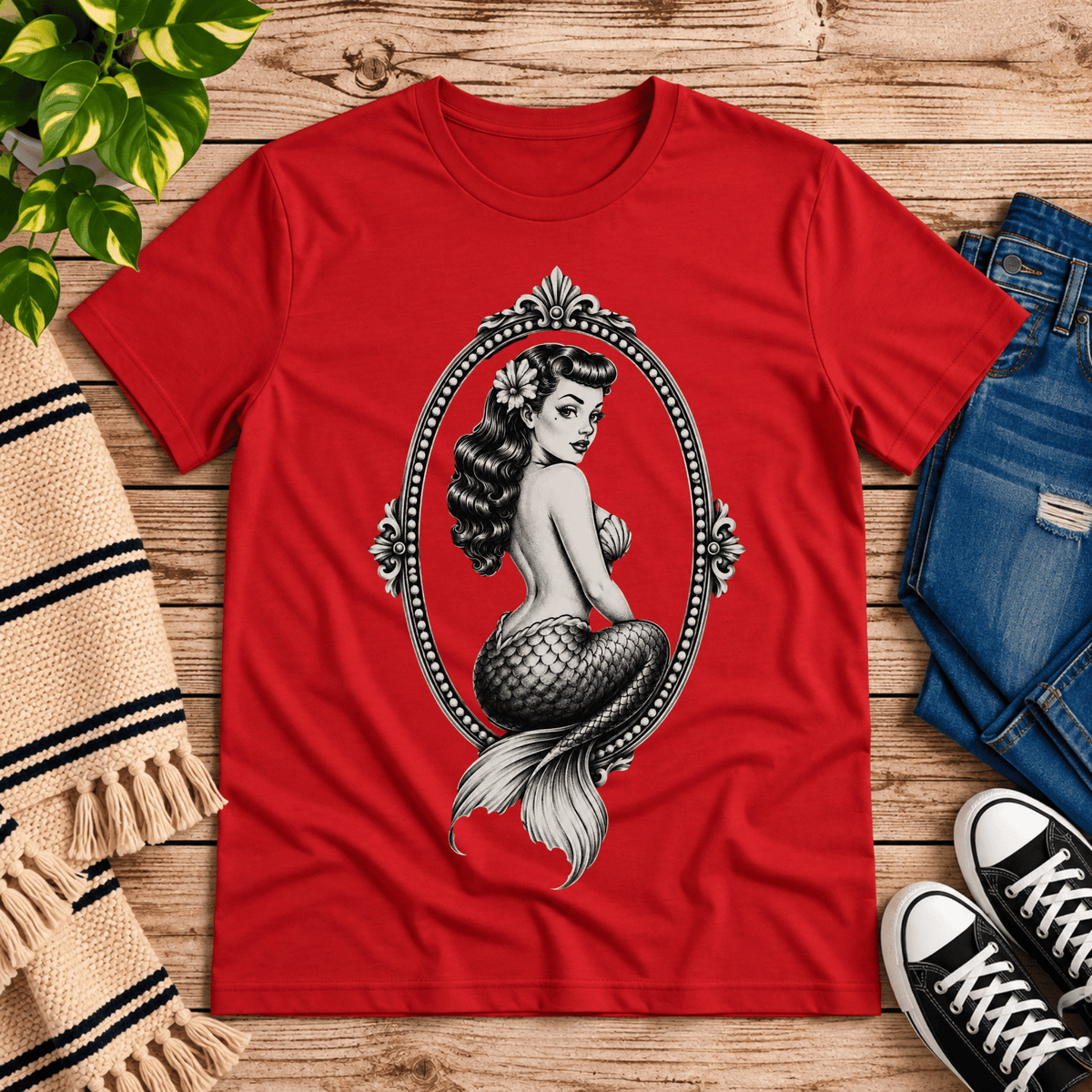 Mermaid Cameo vintage pinup graphic t-shirt cozy flat lay in red.