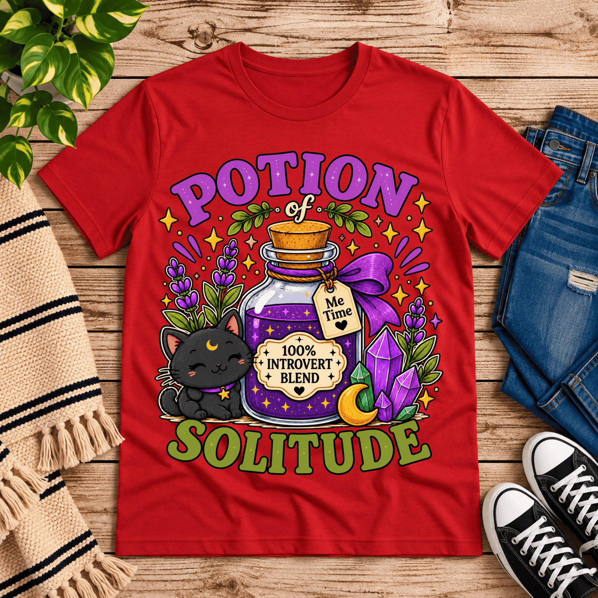 Potion Of Solitude cute celestial graphic t-shirt cozy flat lay in red.