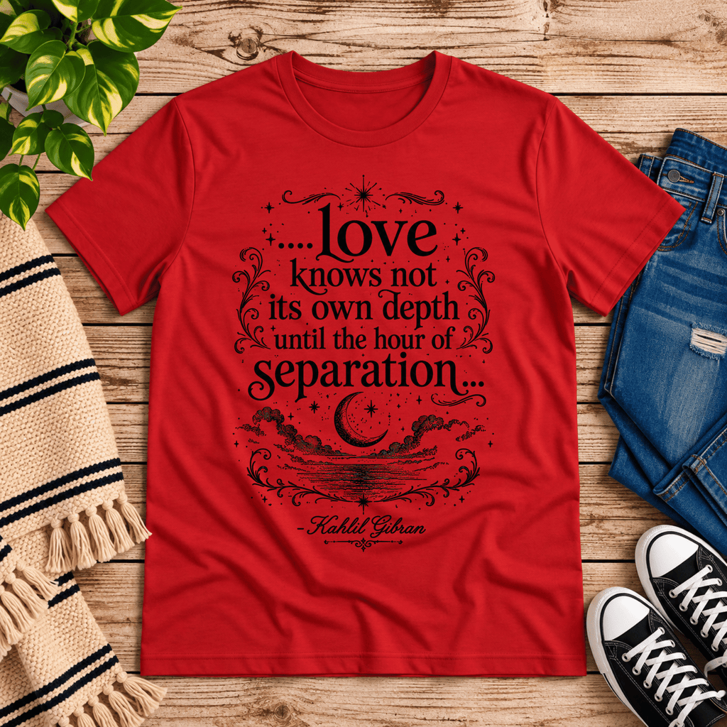 Love Knows Not book quote graphic t-shirt cozy flat lay in red.