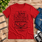 Love Knows Not book quote graphic t-shirt cozy flat lay in red.
