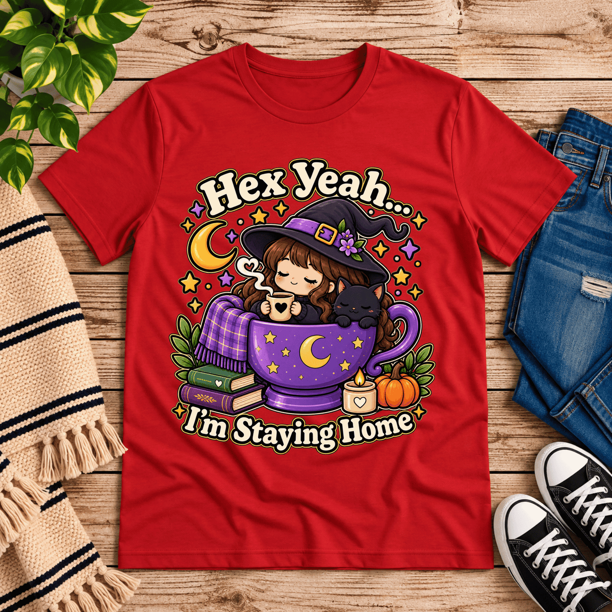 Hex Yeah witchy celestial graphic t-shirt cozy flat lay in red.
