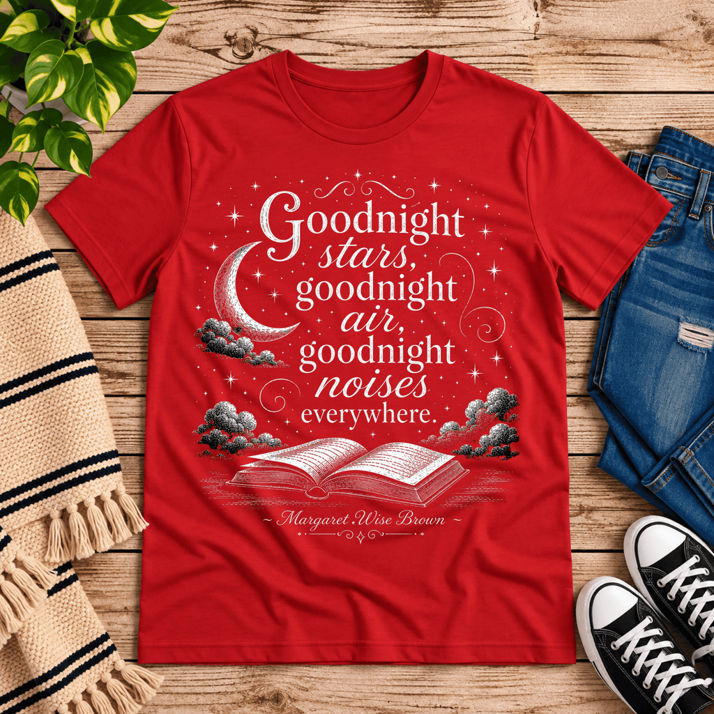 Goodnight Stars book quote graphic t-shirt cozy flat lay in red.