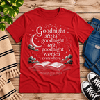 Goodnight Stars book quote graphic t-shirt cozy flat lay in red.
