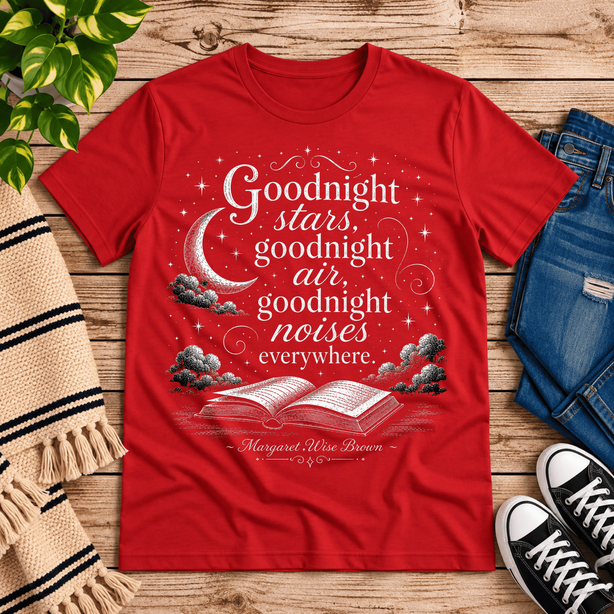Goodnight Stars book quote graphic t-shirt cozy flat lay in red.