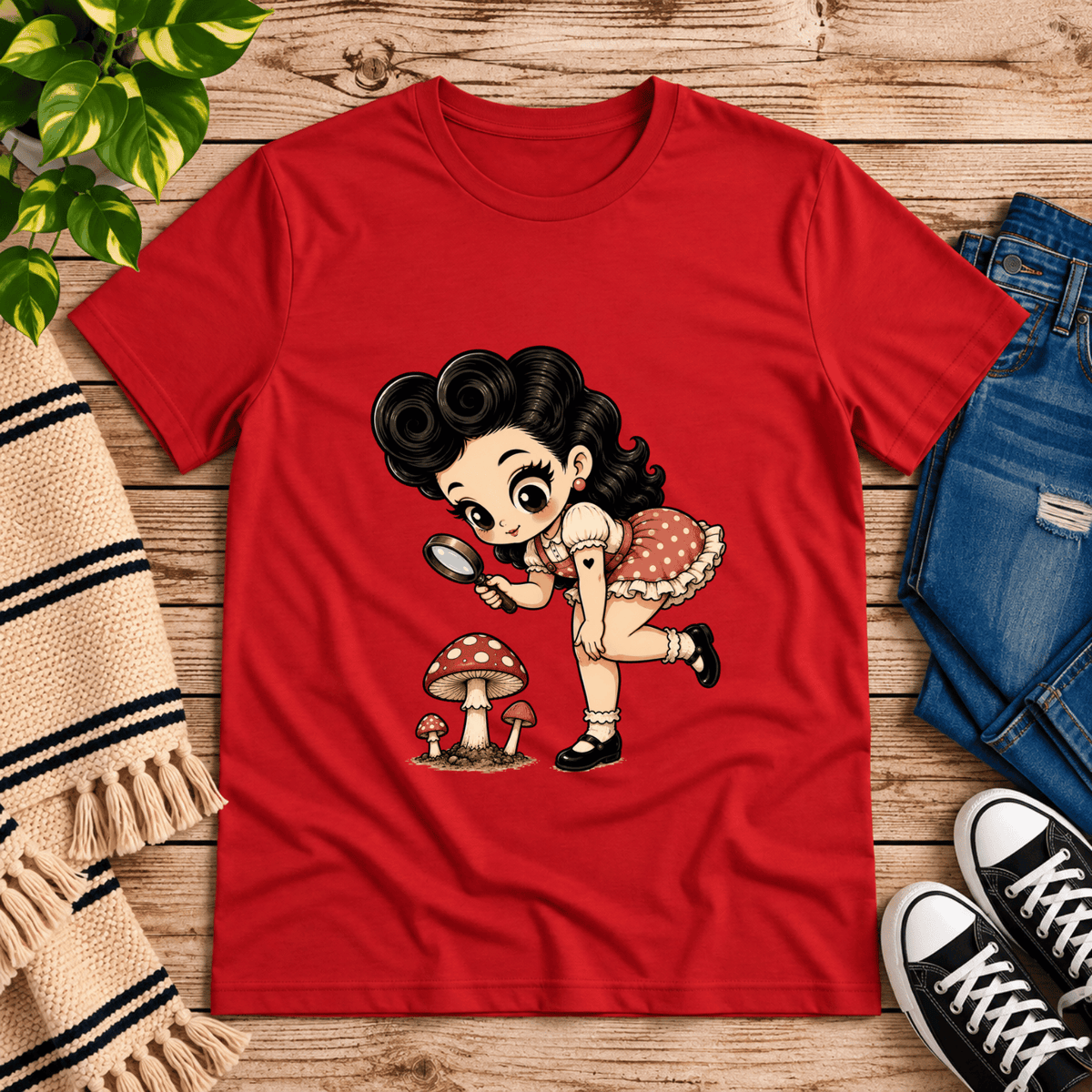Mushroom Mabel cute pinup graphic t-shirt cozy flat lay in red.