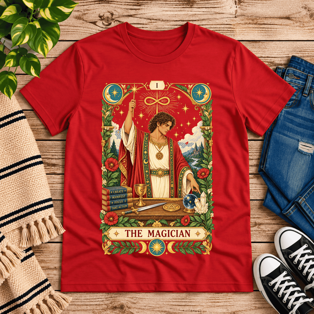 The Magician tarot card graphic t-shirt cozy flat lay in red.