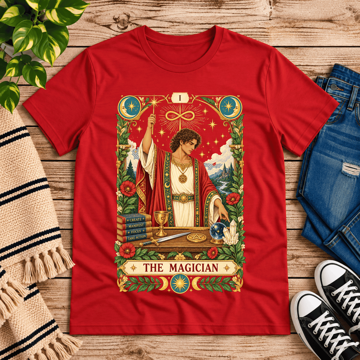 The Magician tarot card graphic t-shirt cozy flat lay in red.