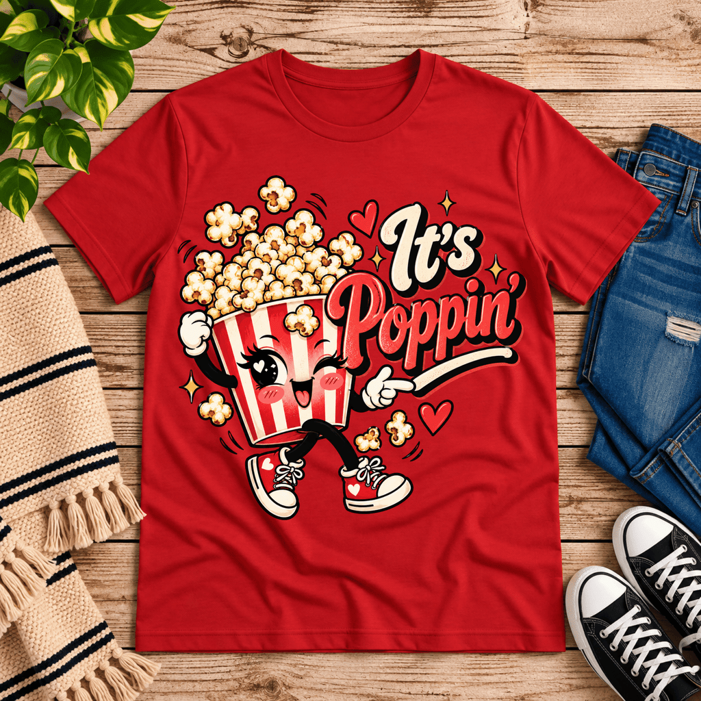 It's Poppin' cute food graphic t-shirt cozy flat lay in red.