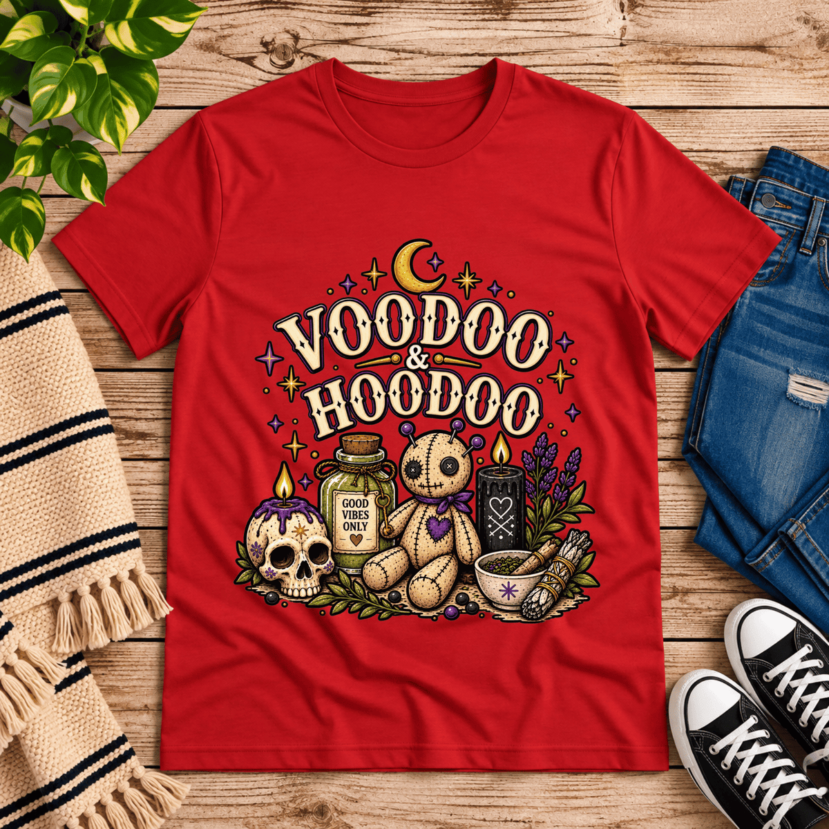 Voodoo & Hoodoo magical witchy graphic t-shirt cozy flat lay in red.