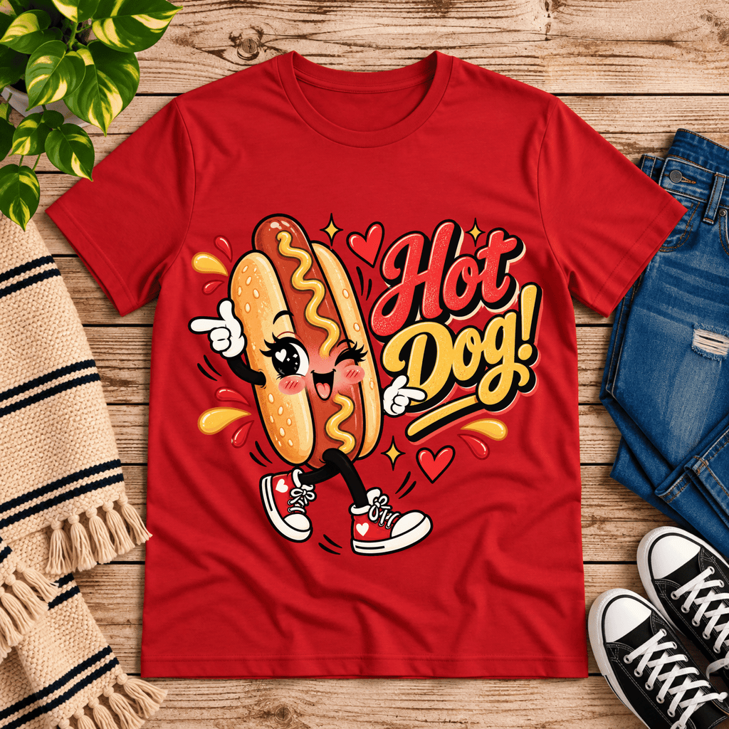Hot Dog! retro food graphic t-shirt cozy flat lay in red.