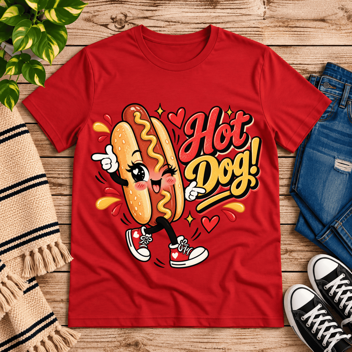 Hot Dog! retro food graphic t-shirt cozy flat lay in red.