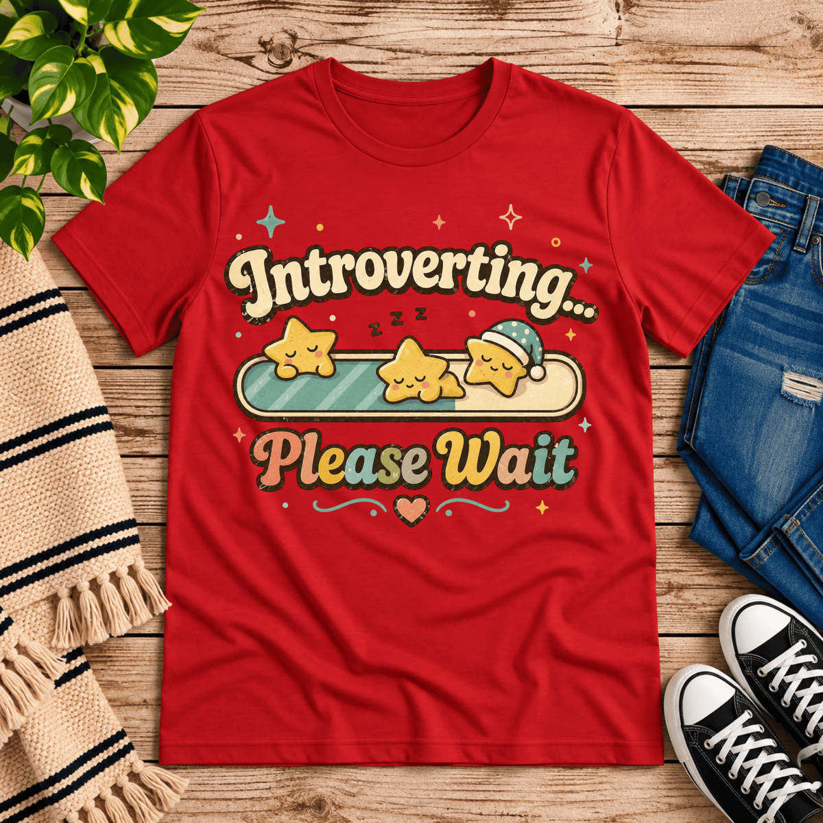 Introverting... Please wait cute kawaii  graphic t-shirt cozy flat lay in red.
