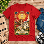 The Sun tarot card mystical graphic t-shirt cozy flat lay in red.