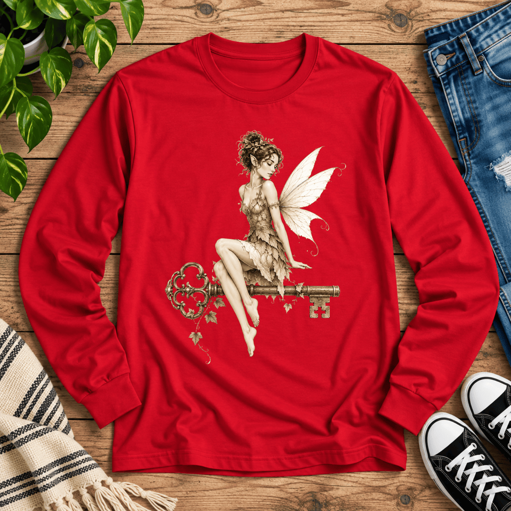 Fairy Key cute pinup graphic long sleeve t-shirt cozy flat lay in true red.