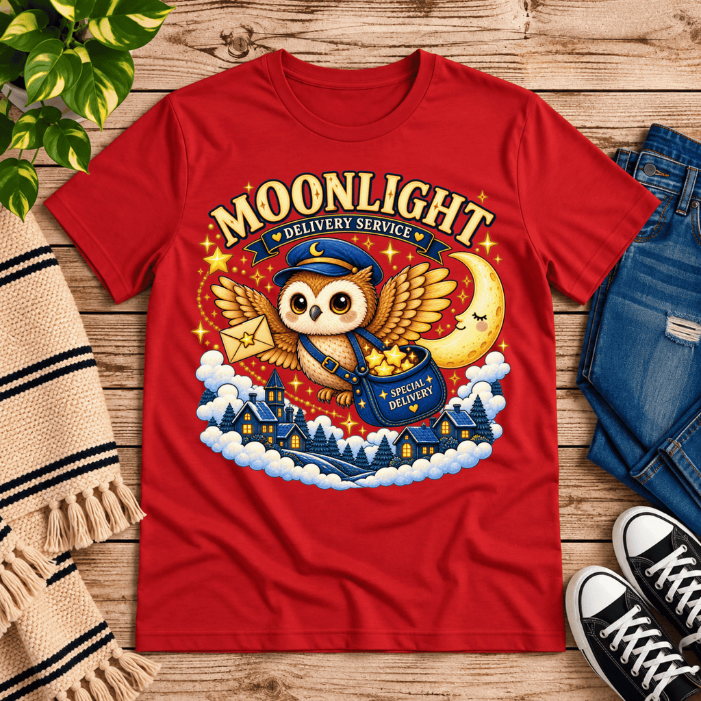 Moonlight Delivery cute animal graphic t-shirt cozy flat lay in red.