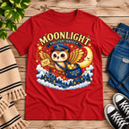 Moonlight Delivery cute animal graphic t-shirt cozy flat lay in red.