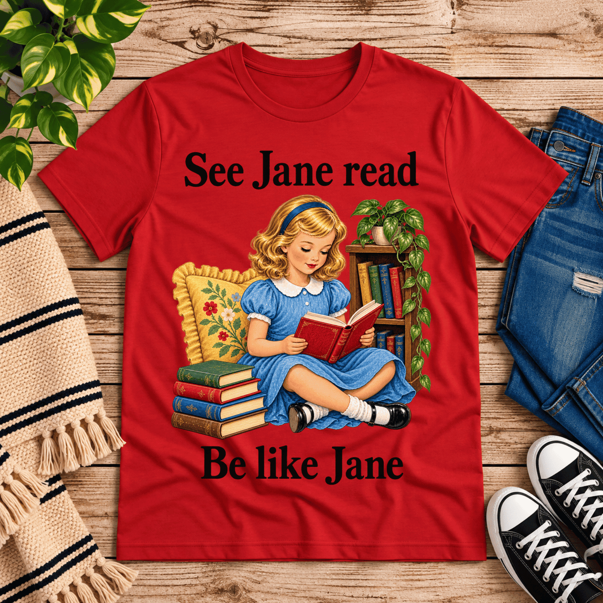 See Jane Read vintage book graphic t-shirt cozy flat lay in red.