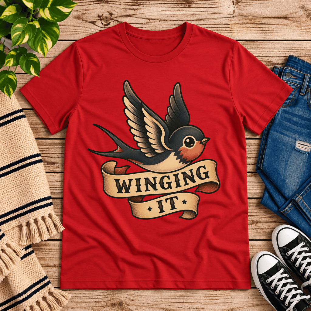 Winging It cute animal graphic t-shirt cozy flat lay in red.