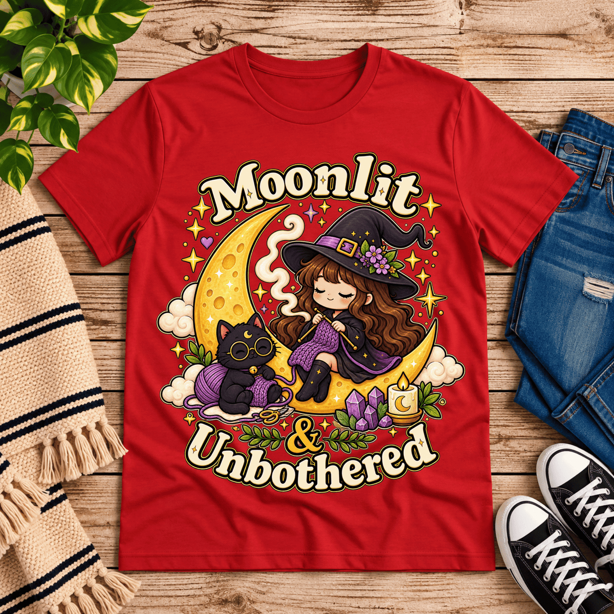 Moonlit & Unbothered cute witchy graphic t-shirt cozy flat lay in red.