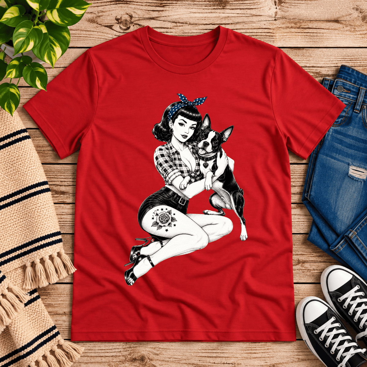 Boston Love pinup graphic t-shirt cozy flat lay in red.