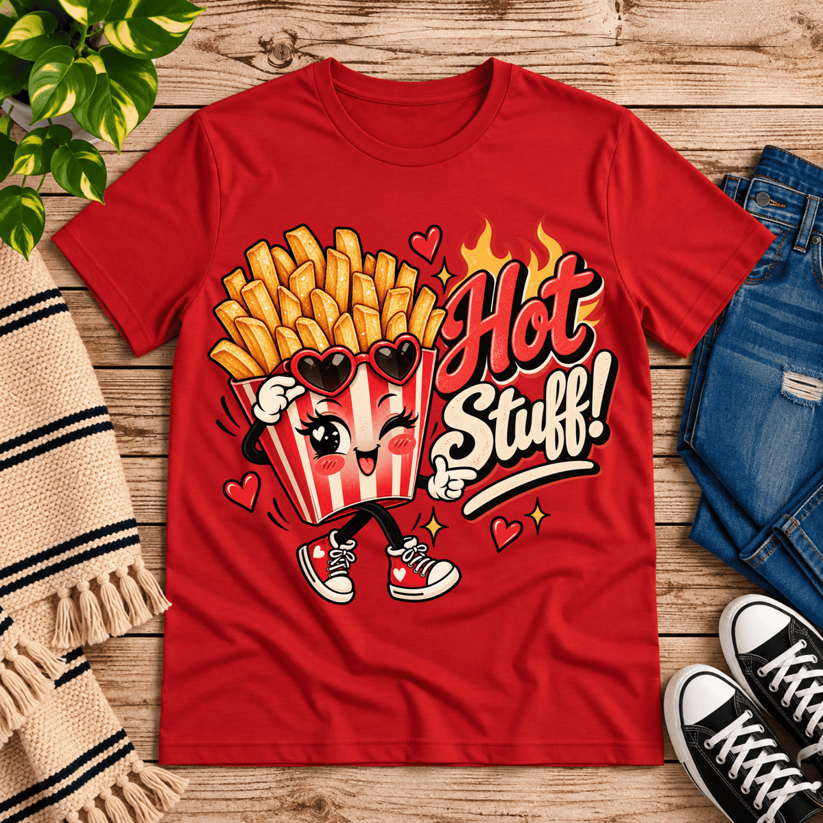 Hot Stuff retro food graphic t-shirt cozy flat lay in red.