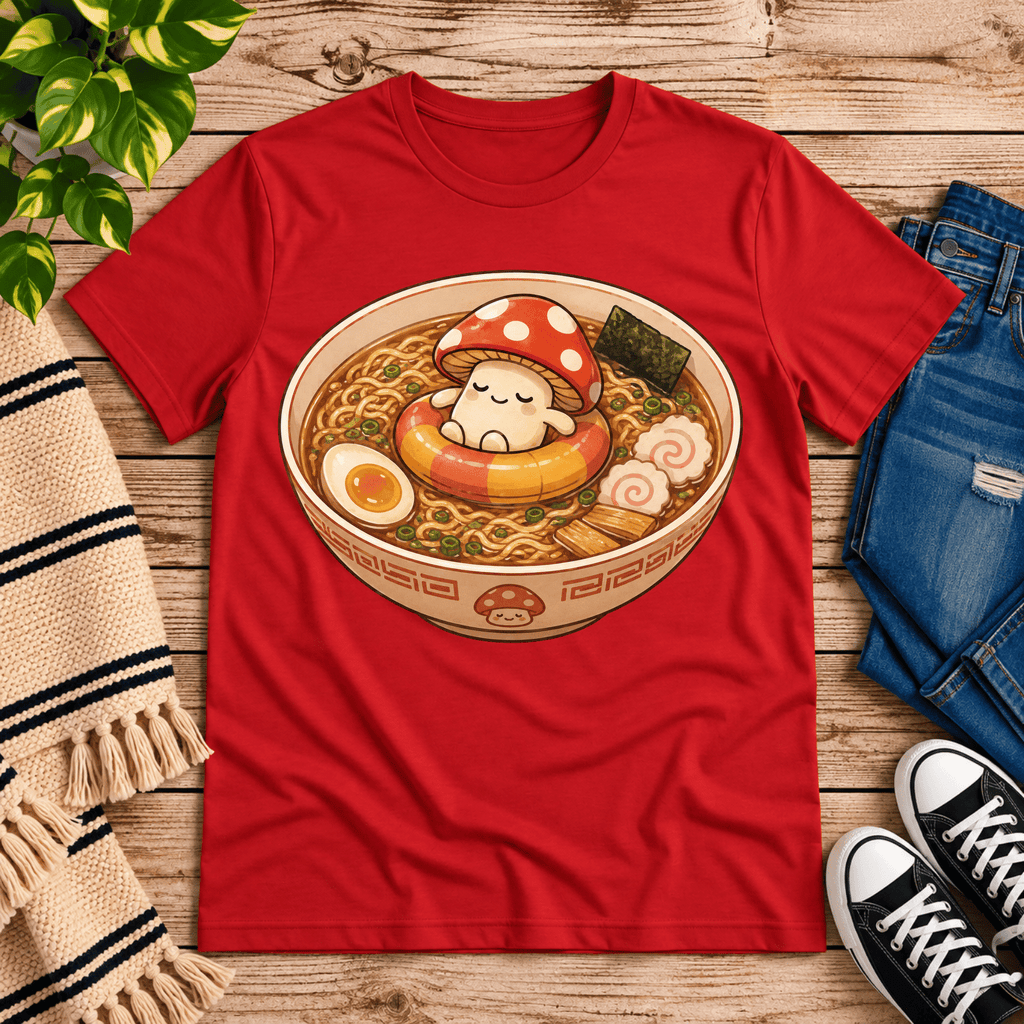 Mushroom float cute food graphic t-shirt cozy flat lay in red.