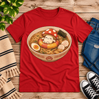 Mushroom float cute food graphic t-shirt cozy flat lay in red.