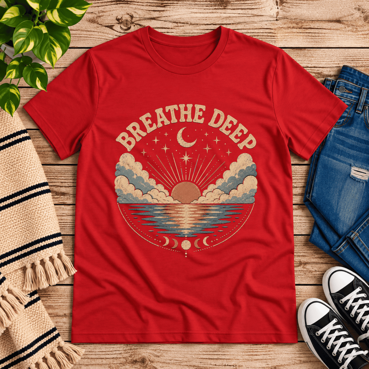 Breathe Deep inspirational introvert graphic t-shirt cozy flat lay in red.